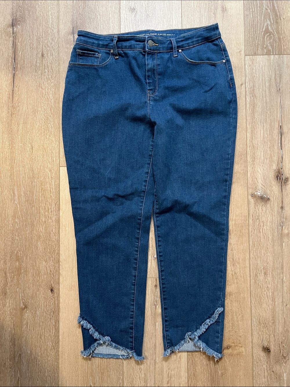 Chico's ~ Size 2/12/L Dark Blue Stretch Cropped Jeans with Frayed Crossover Hem